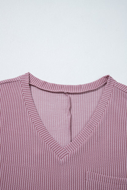 Plus Size Solid Corded Knit V-Neck T-Shirt