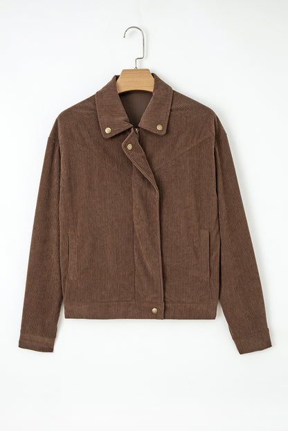 Solid Corduroy Lapel Collar Zip-Up Buttoned Jacket