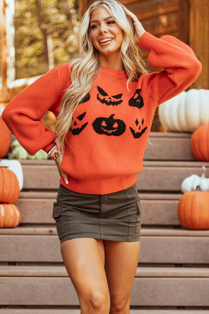 Halloween Pumpkin Face Drop Shoulder Sweater