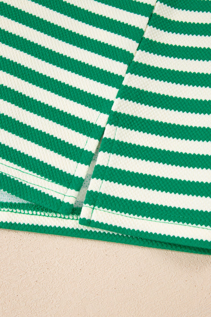 Stripe Patchwork Puff Short Sleeve V-Neck Blouse