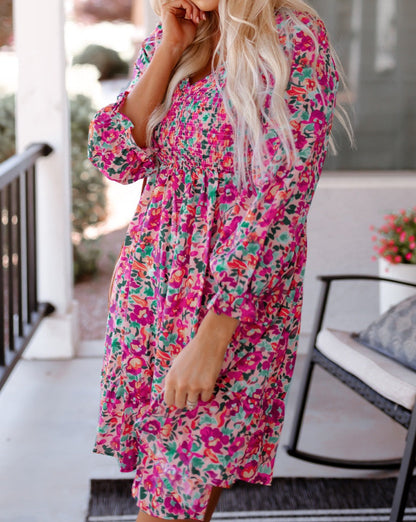 Floral V-Neck Puff Sleeve Dress