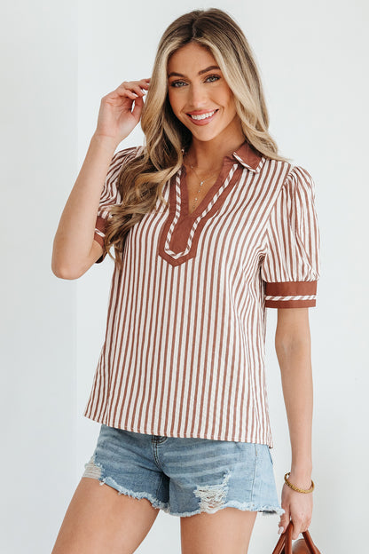 Stripe Collared V-Neck Bubble Sleeve Blouse
