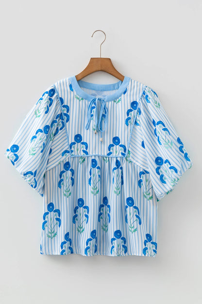 Floral Tie Neck Puff Sleeve Blouse