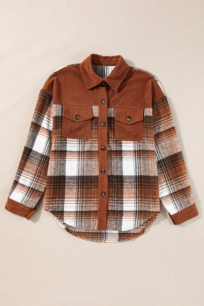 Plaid Corduroy Patchwork Chest Pocket Buttoned Shacket