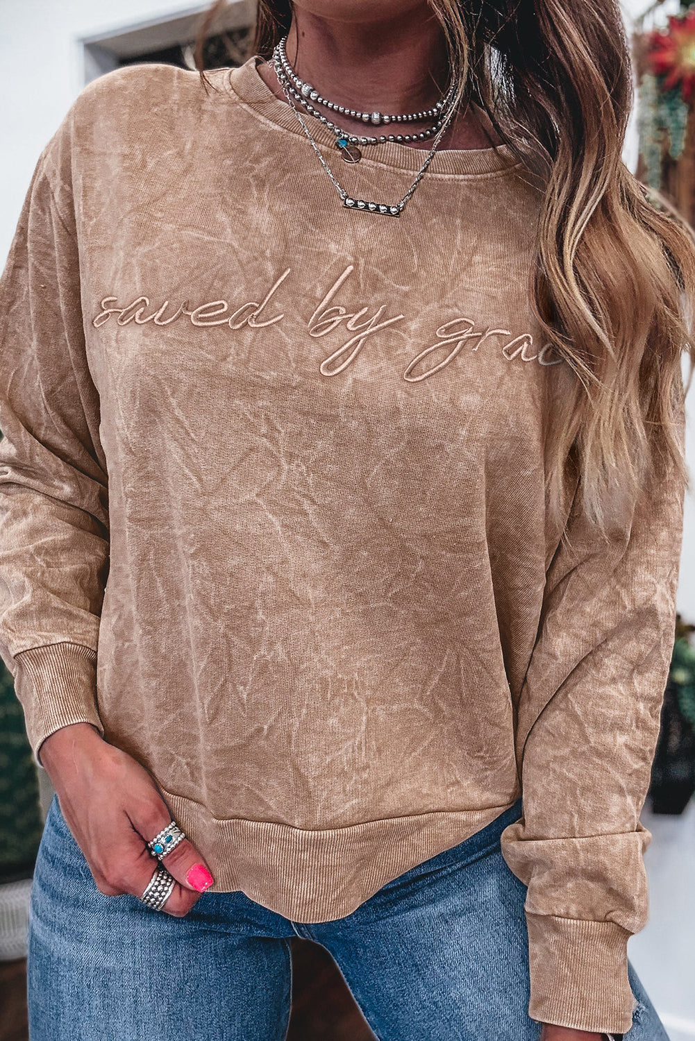 Saved by Grace Embroidered Mineral Wash Loose Sweatshirt