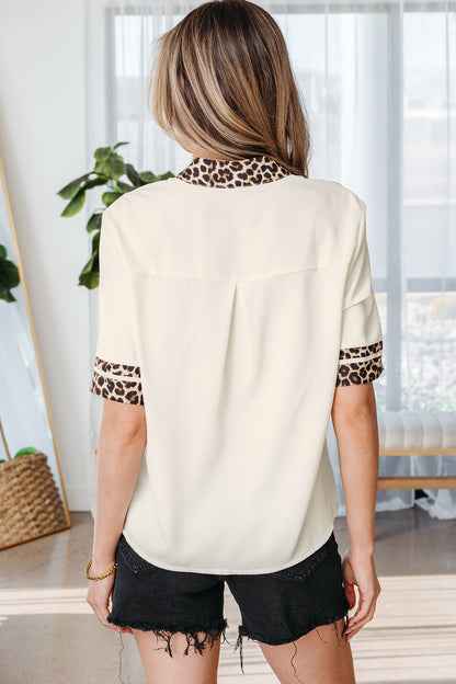 Leopard Patchwork Trim Split Neck Blouse