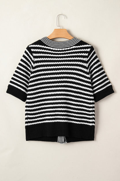 Stripe Bow Tie V-Neck Short Sleeve Sweater