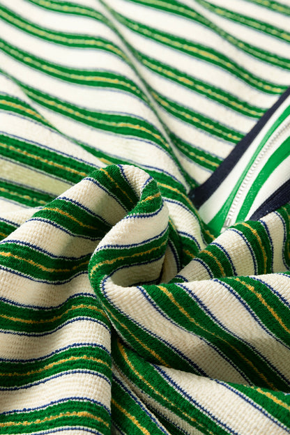 Stripe Contrast Zip Collared V-Neck Long Sleeve Top