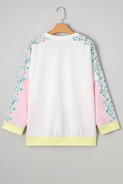 Floral Colorblock Patchwork Chest Pocket Long Sleeve Top