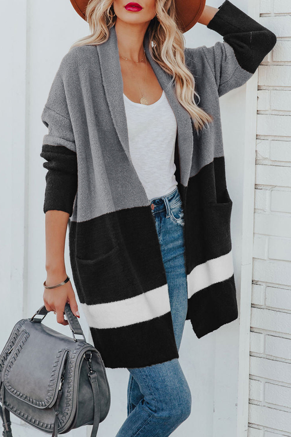 Colorblock Pocketed Open Front Cardigan