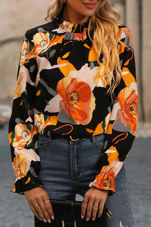 Floral Print Mock Neck Blouse