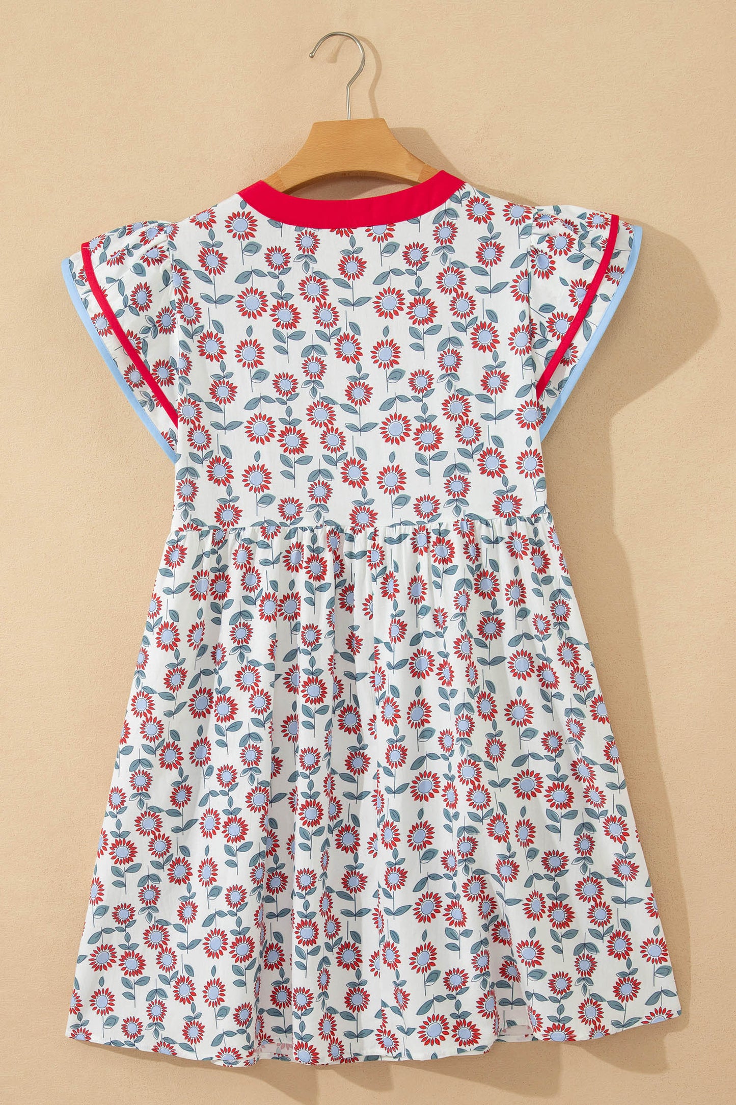 Floral Contrast Trim V-Neck Flutter Sleeve Mini Dress