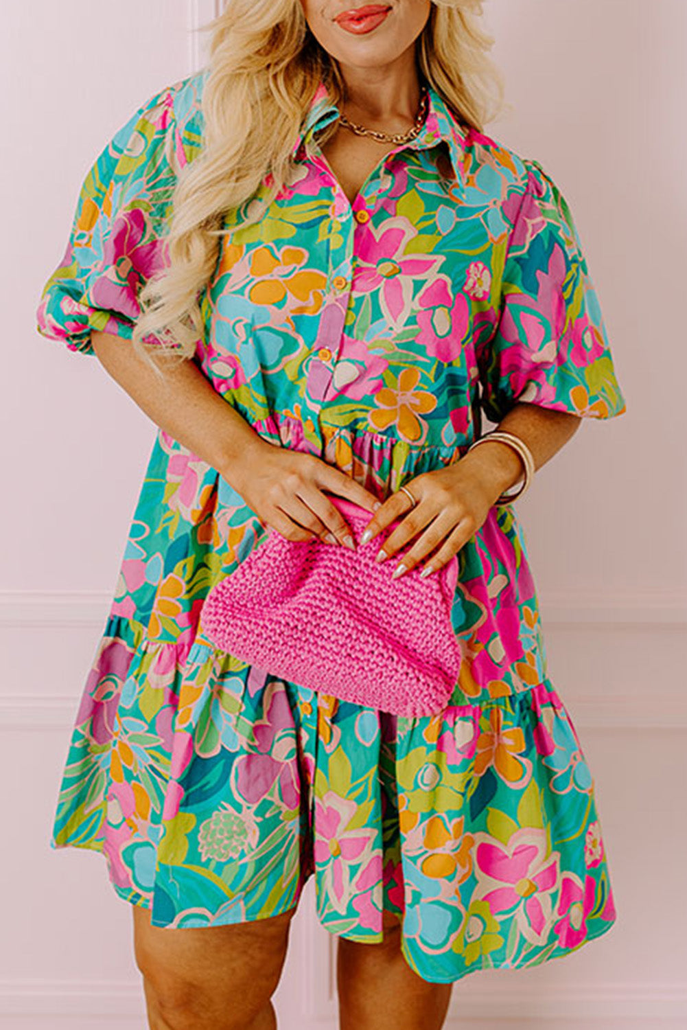 Floral Puff Sleeve Shirt Dress Plus Size