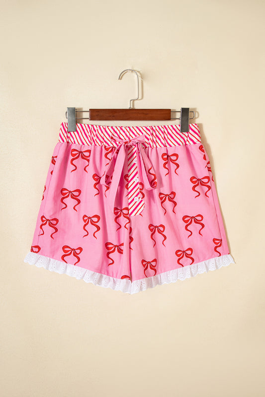 Bow Stripe Patchwork Elastic Waist Lace Trim Shorts