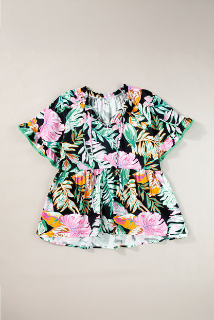 Tropical Ruffle Sleeve Blouse Plus Size