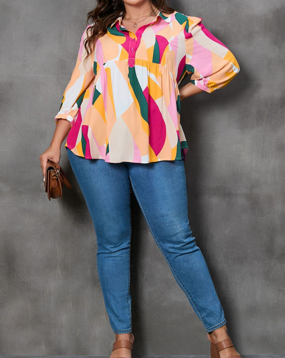 Geometric 3/4 Sleeve Blouse Plus Size