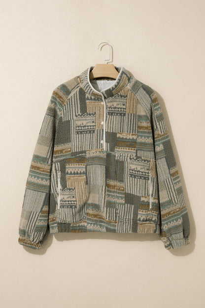 Western Fleece Half Buttoned Collar Pocketed Sweatshirt