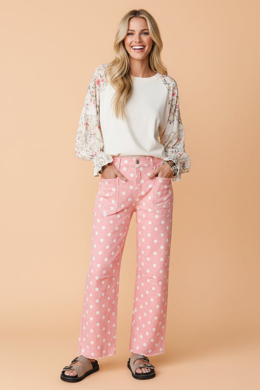 Polka Dot Denim Raw Hem Barrel Jeans