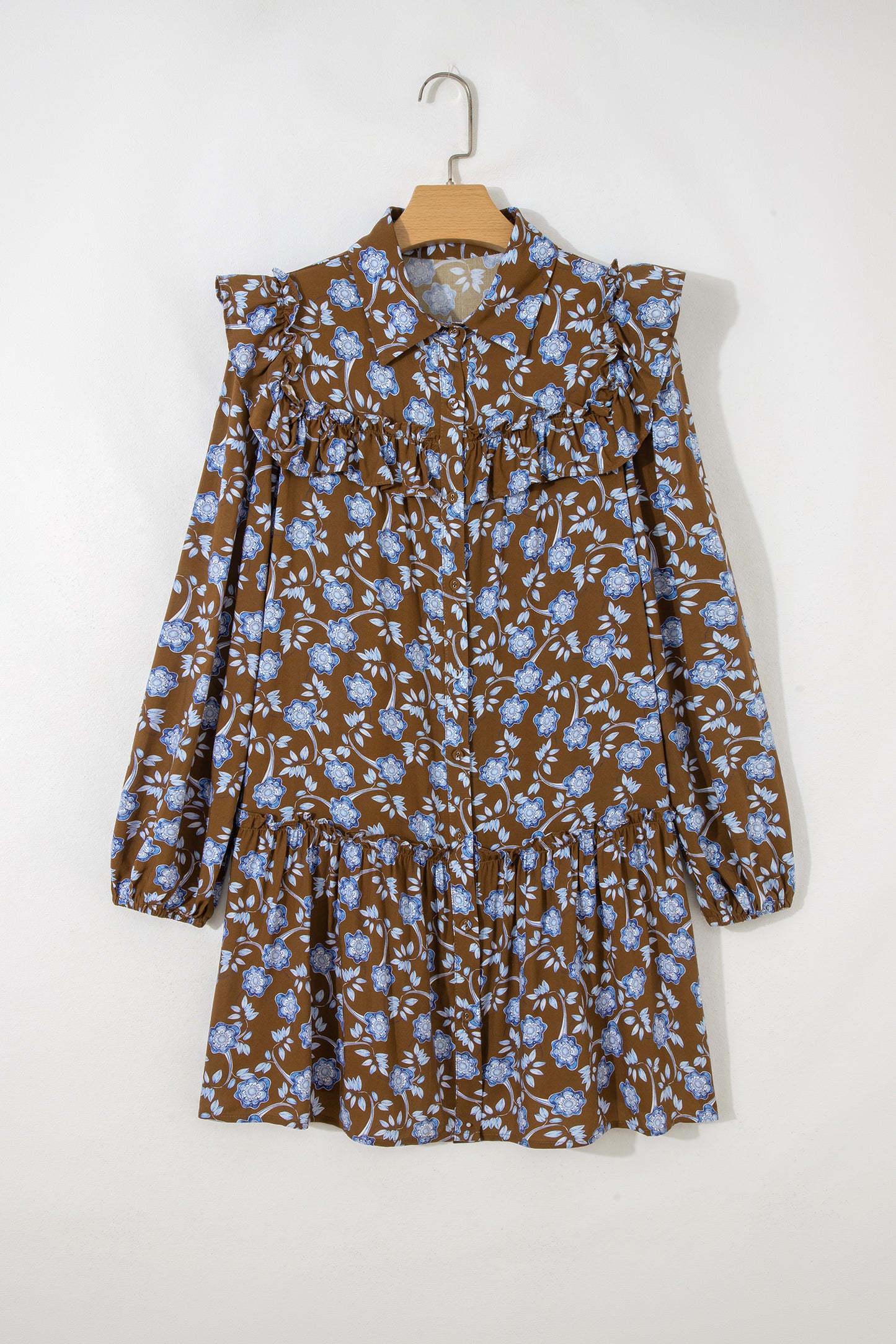 Floral Ruffle Shirt Collar Buttoned Long Sleeve Dress