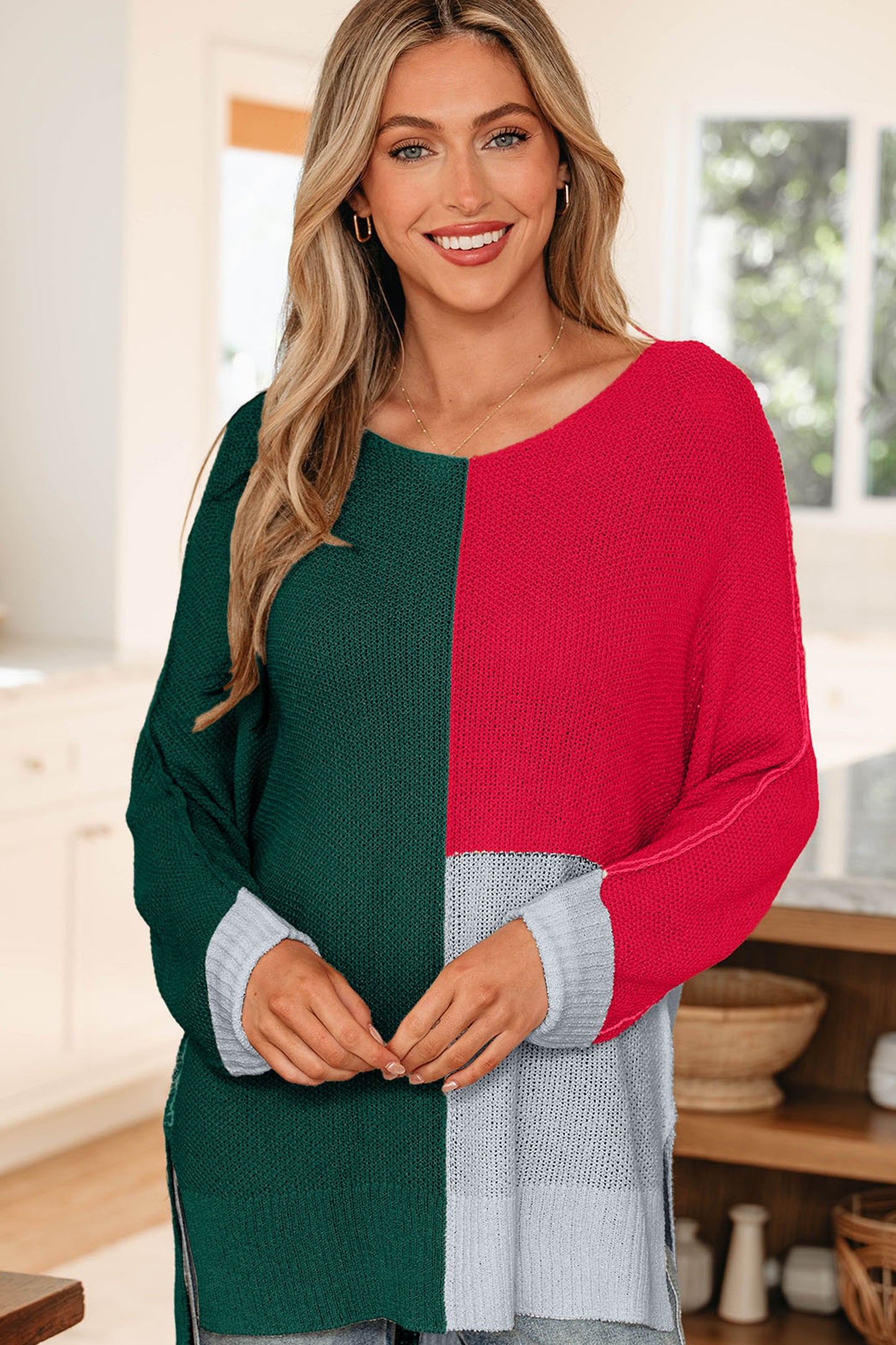 Colorblock Knit V-Neck Sweater