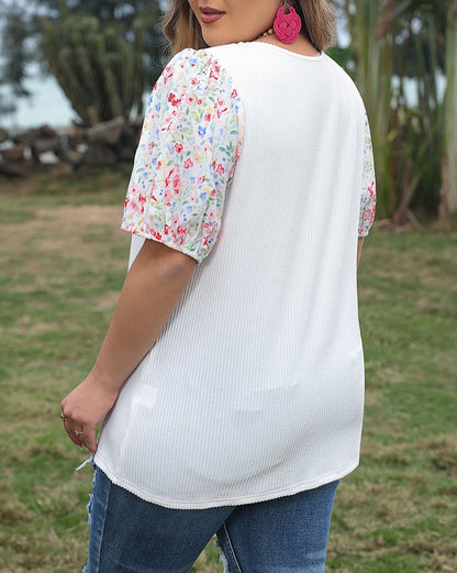 Ribbed Floral Puff Sleeve Blouse Plus Size