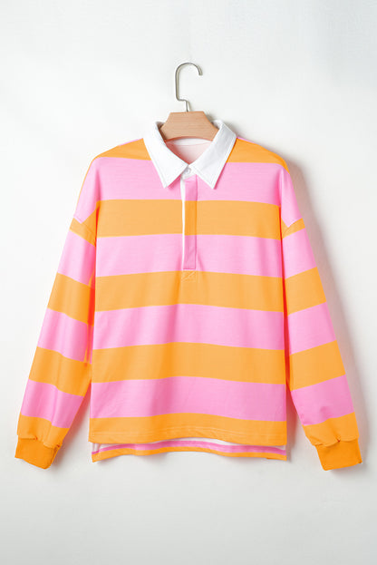 Stripe Colorblock Polo Collar Sweatshirt