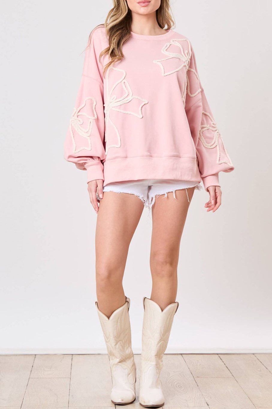 Bow Embroidered Ribbed Trim Sweatshirt