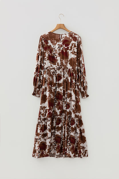 Floral Puff Sleeve Smocked Bodice Ruffle Long Dress