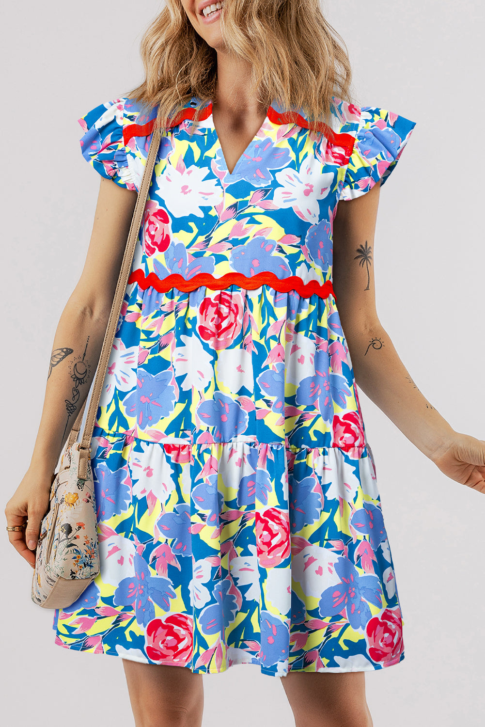 Floral Ric-Rac Flutter Sleeve V-Neck Dress