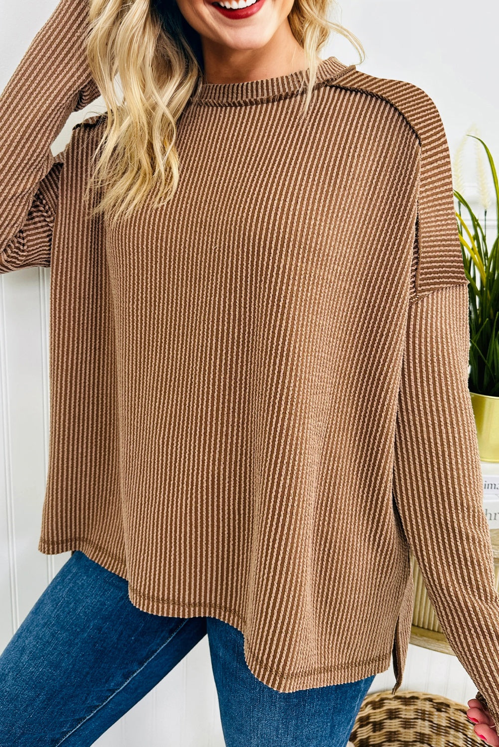 Solid Corded Knit Long Sleeve Top