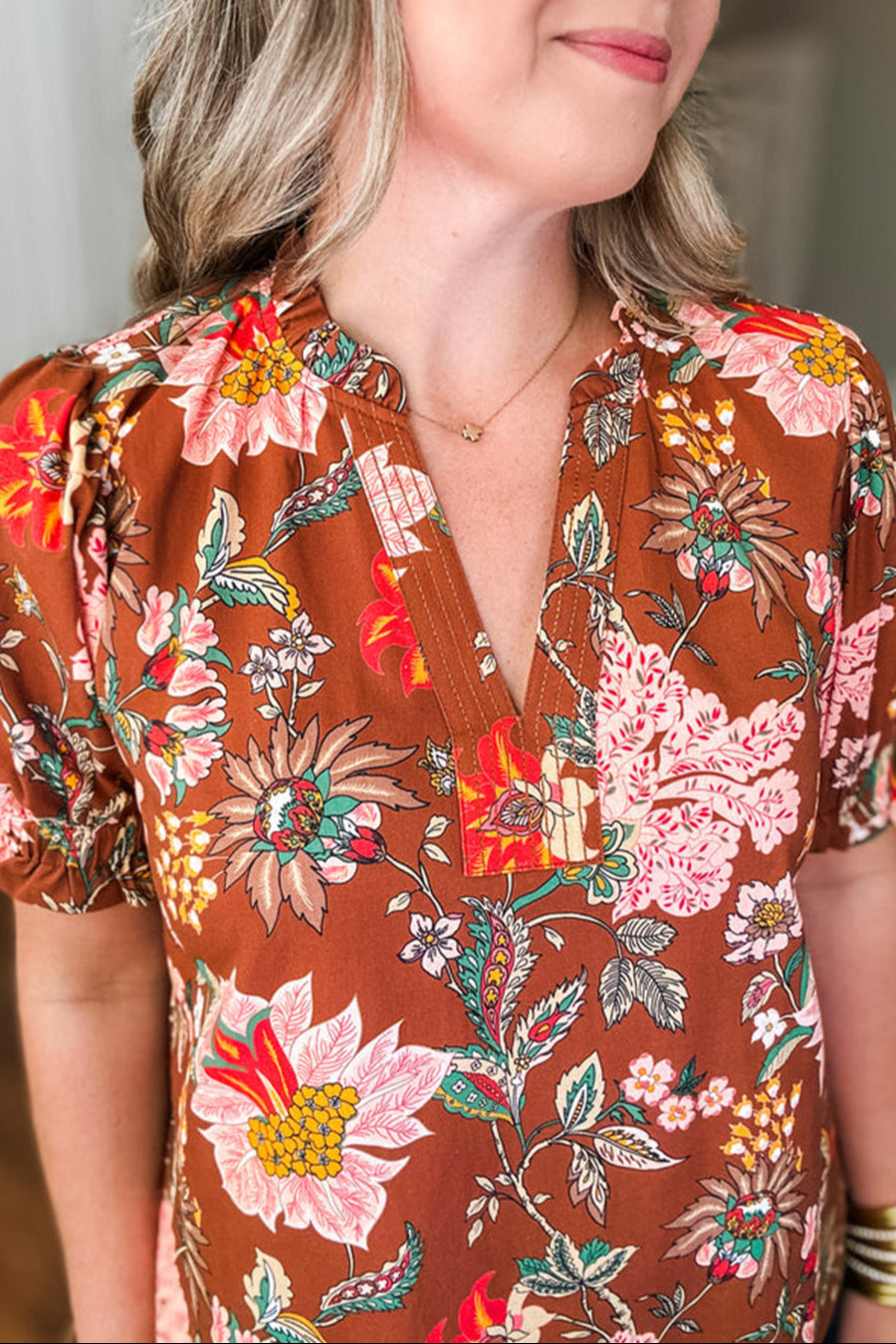 Plus Size Floral Frilled Puff Sleeve Blouse