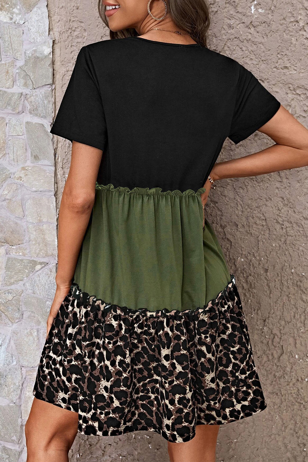 Leopard Colorblock Frilled T-Shirt Dress