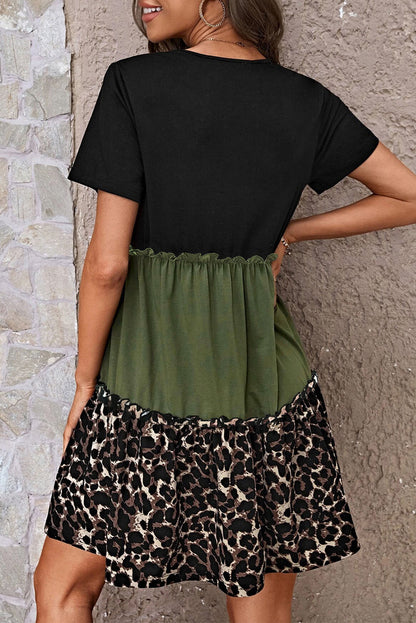 Leopard Colorblock Frilled T-Shirt Dress