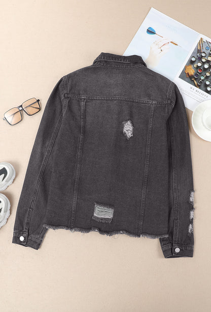 Denim Lapel Distressed Raw Hem Buttoned Jacket