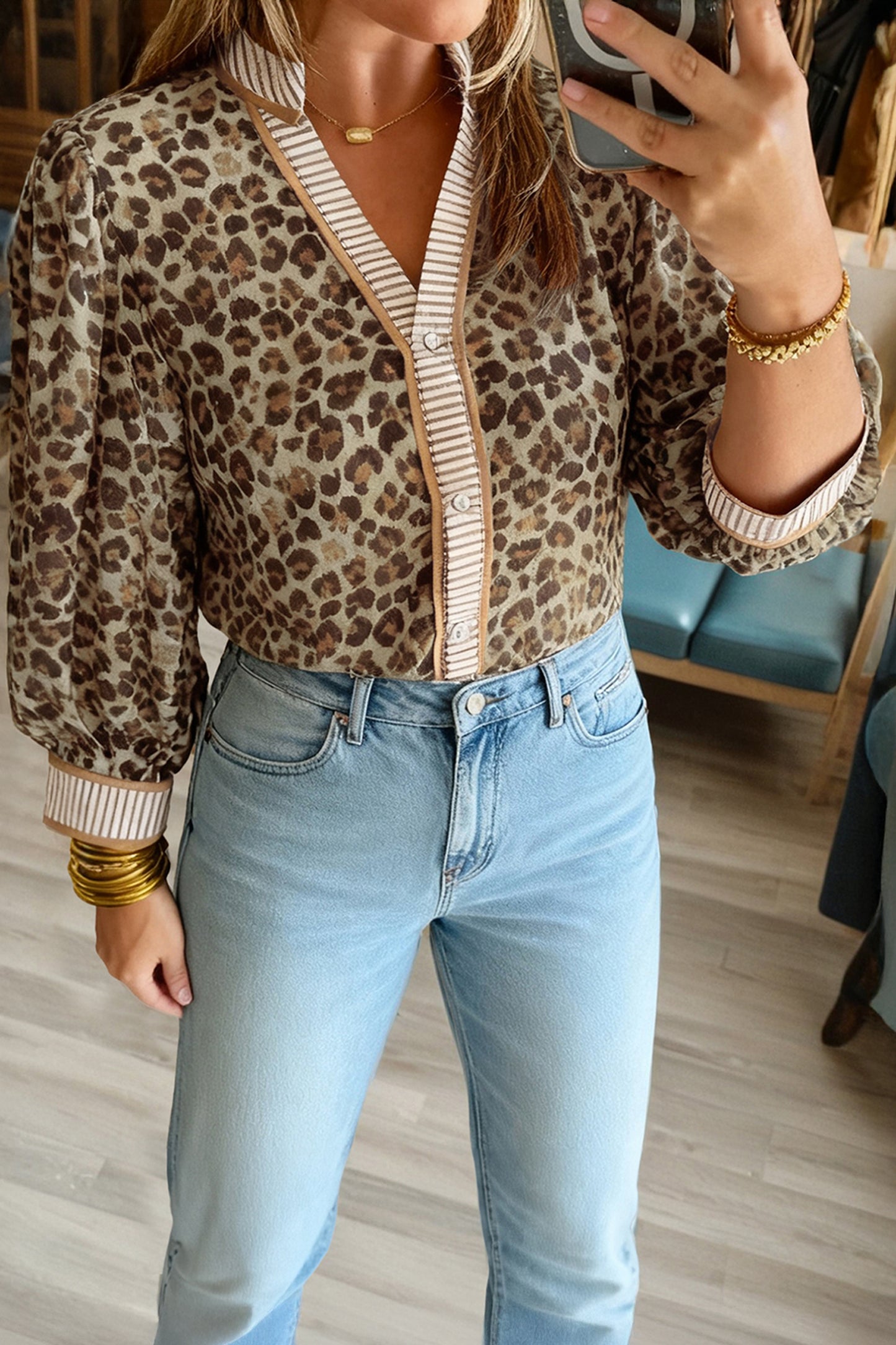 Leopard Contrast Stripe Buttoned V-Neck Shirt