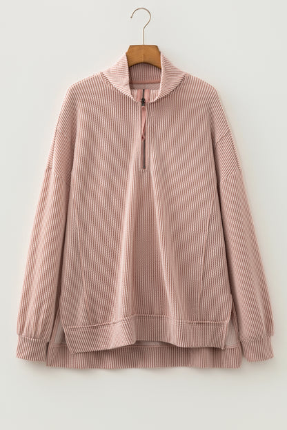 Corded Knit Zipper Collar Drop Shoulder Long Sleeve Top