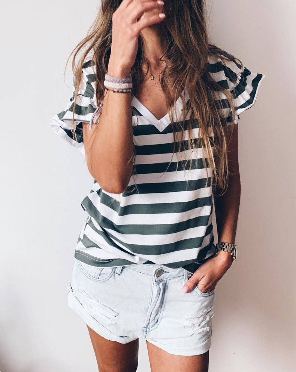 Stripe Ruffle Sleeve V-Neck Top