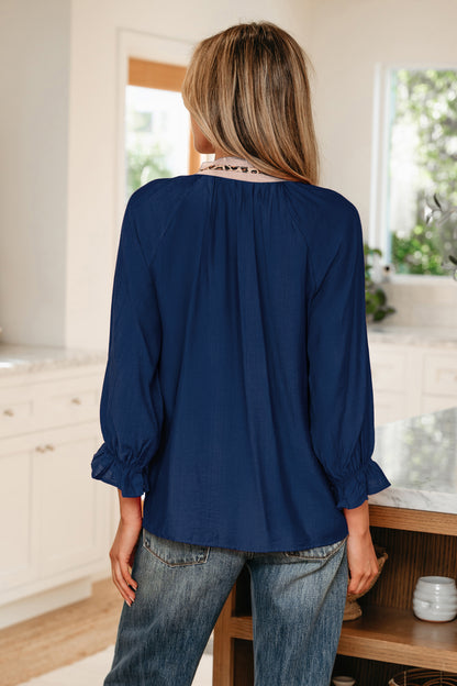 Leopard Trim Flounced  3/4 Sleeve V-Neck Blouse