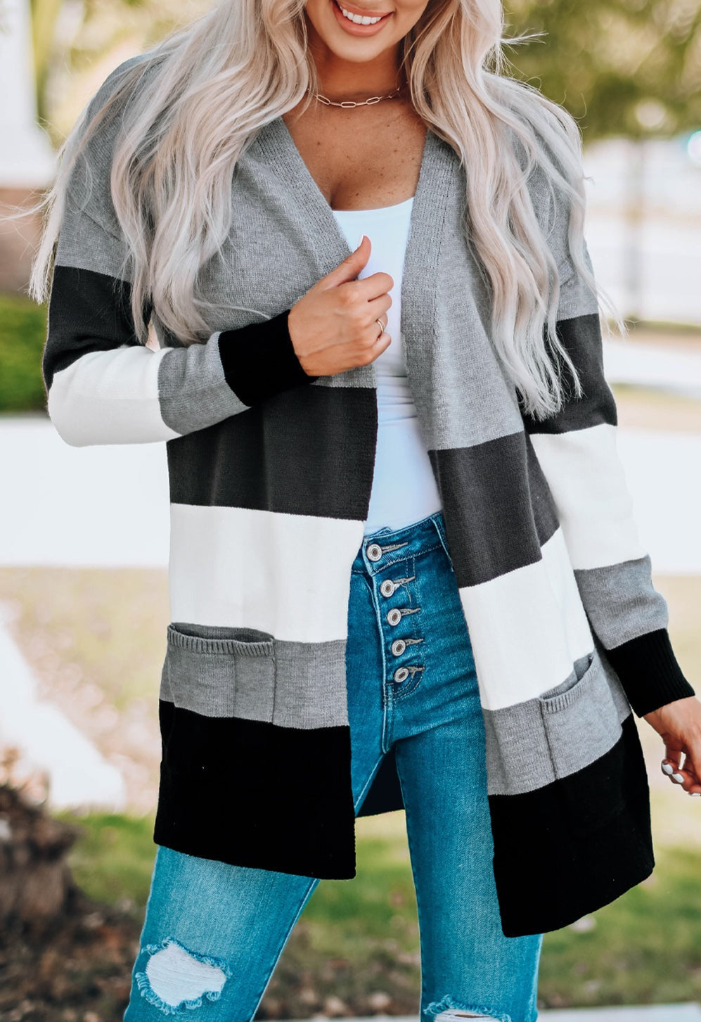 Colorblock Open Front Pocketed Cardigan