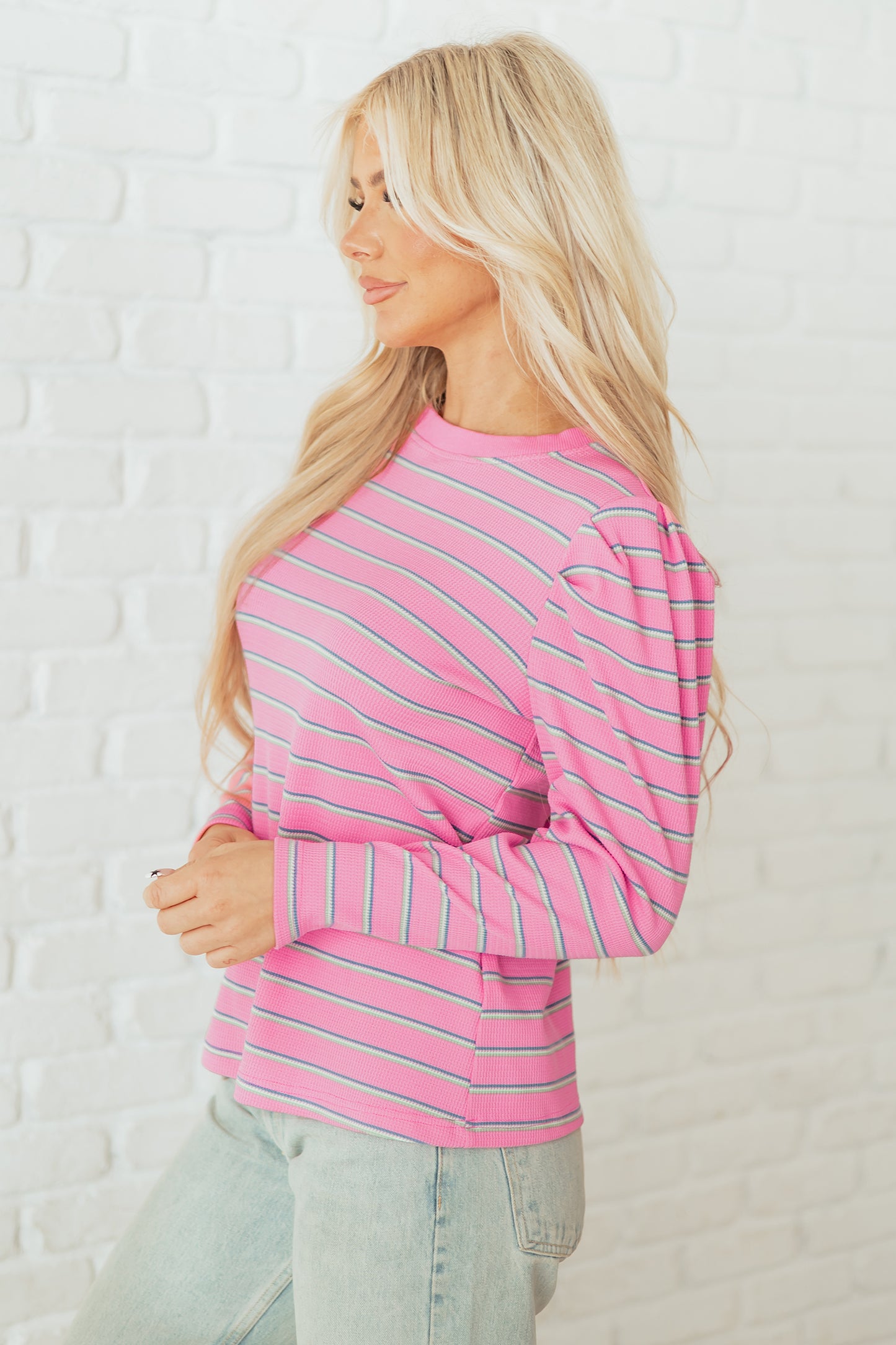Stripe Textured Knit Round Neck Long Sleeve Top
