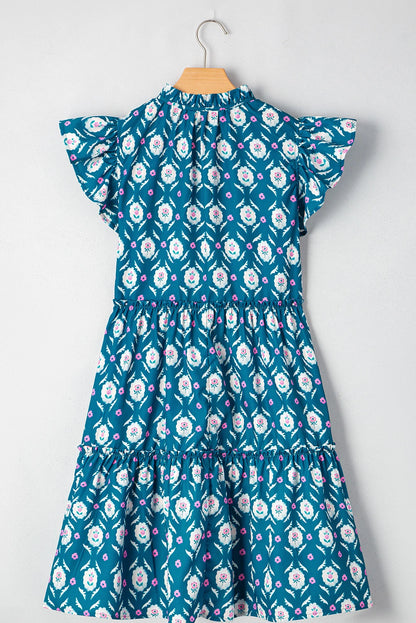 Floral Split Neck Ruffle Short Sleeve Dress