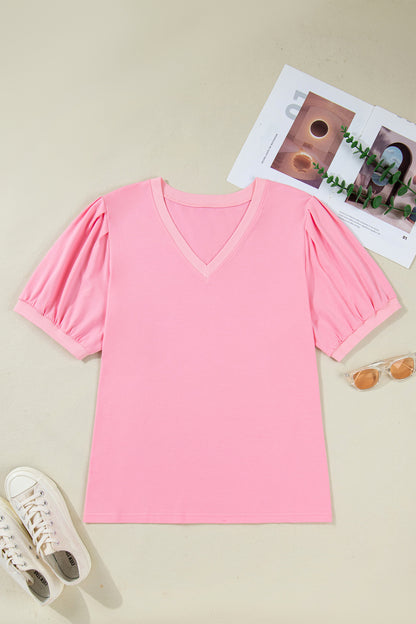 Plus Size Solid V-Neck Pleated Puff Sleeve Blouse