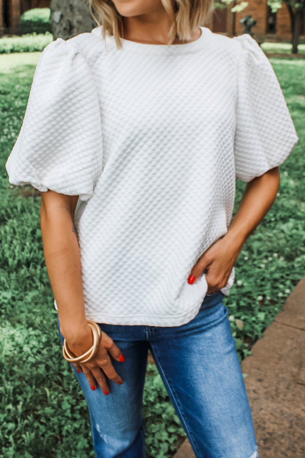 Solid Textured Puff Sleeve Blouse