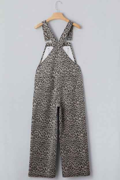 Leopard Denim Straight Leg Overall Jumpsuit