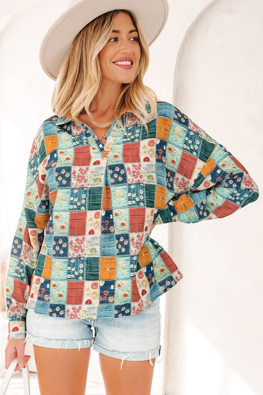 Floral Patchwork Long Sleeve Collared V-Neck Blouse