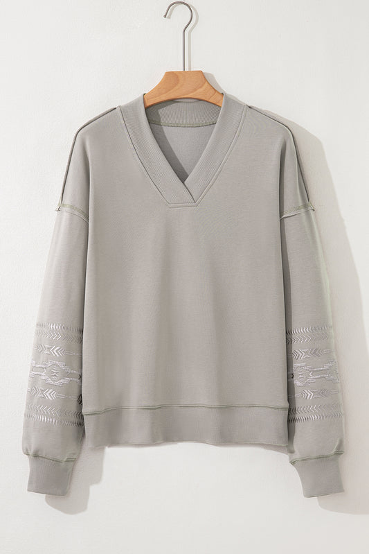 Western Aztec Embroidered Sleeve V-Neck Sweatshirt