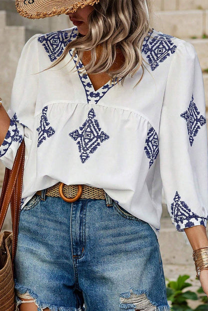 Boho Geometric 3/4 Sleeve V-Neck Blouse