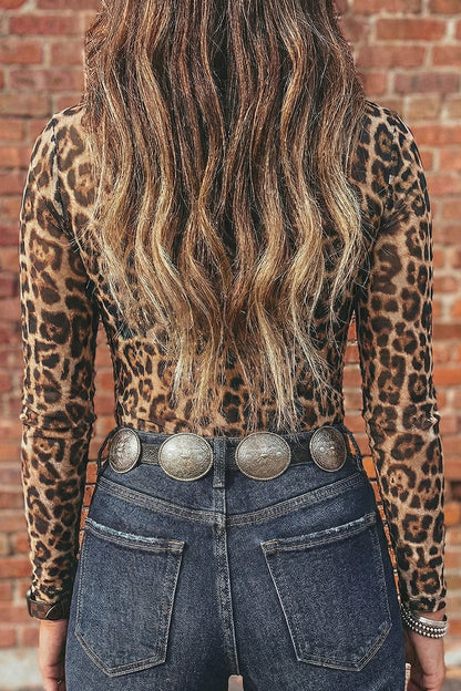 Leopard Mesh Mock Neck Long Sleeve Top