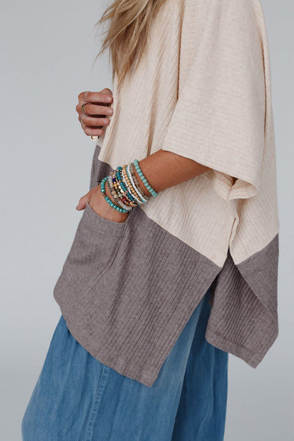 Colorblock Ribbed Knit Pocketed Poncho