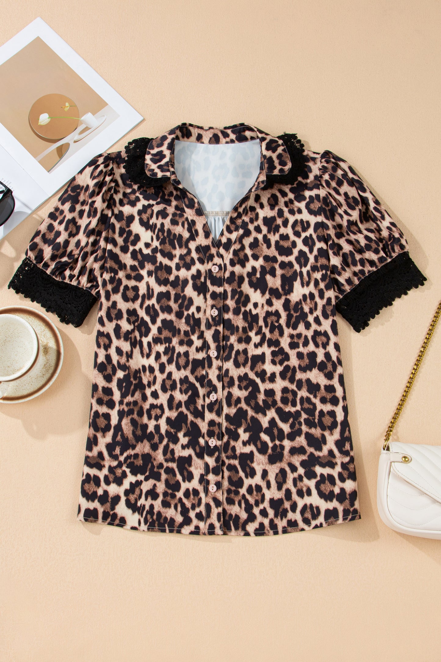 Leopard Lace Trim Short Sleeve Buttoned Shirt